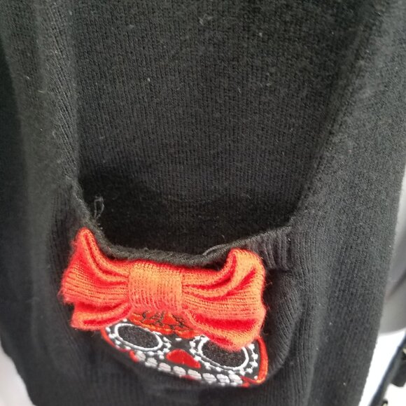 Too Fast Cardigan Womens XL Sugar Skull Bow Embroidery Button Stretch Knit Black - Picture 7 of 16